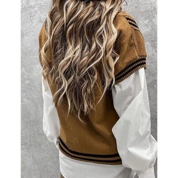 Brown Striped Knit V-Neck Oversized Sleeveless Square Pullover Sweater Vest - Picture 3 of 8